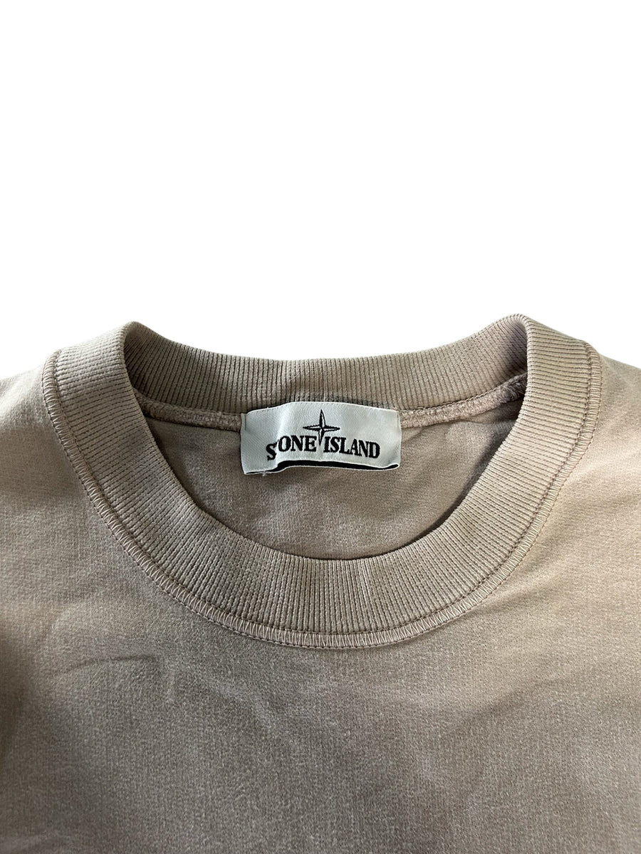 Secondstore beige Stone Island crewneck sweatshirt featuring a ribbed collar and internal brand label