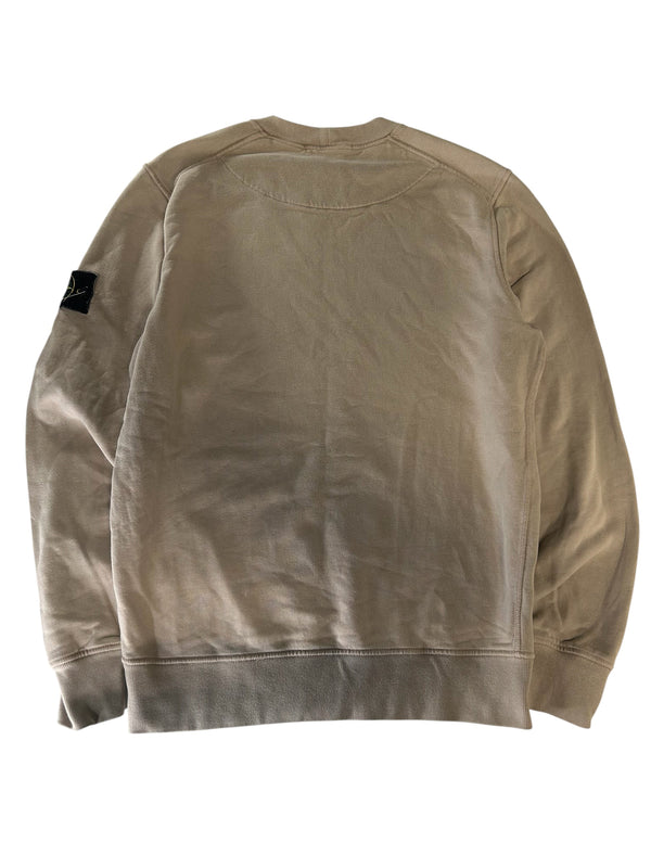 Secondstore beige Stone Island crewneck sweatshirt with iconic compass patch on the sleeve, back view.