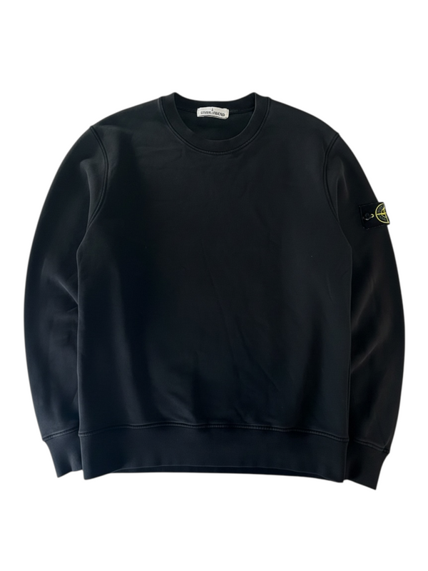 Secondstore black Stone Island crewneck sweatshirt in soft cotton with signature compass sleeve patch and ribbed trim.