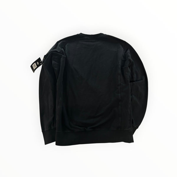 Back view of a black Secondstore Stone Island cotton crewneck sweatshirt with signature compass patch on the sleeve.