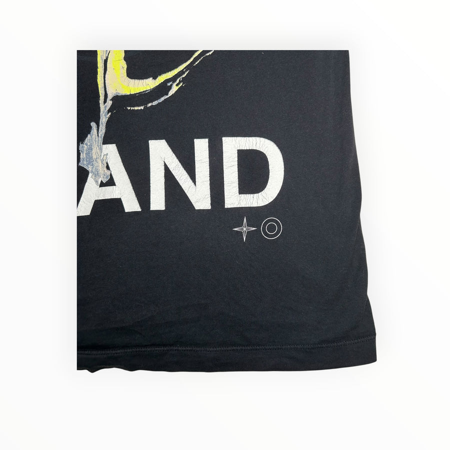 Secondstore Stone Island black cotton t-shirt with white graphic print and iconic compass logo detail