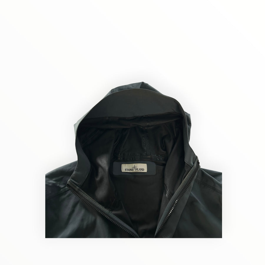 Secondstore Stone Island black soft shell hooded jacket featuring a technical fabric finish and interior brand label.