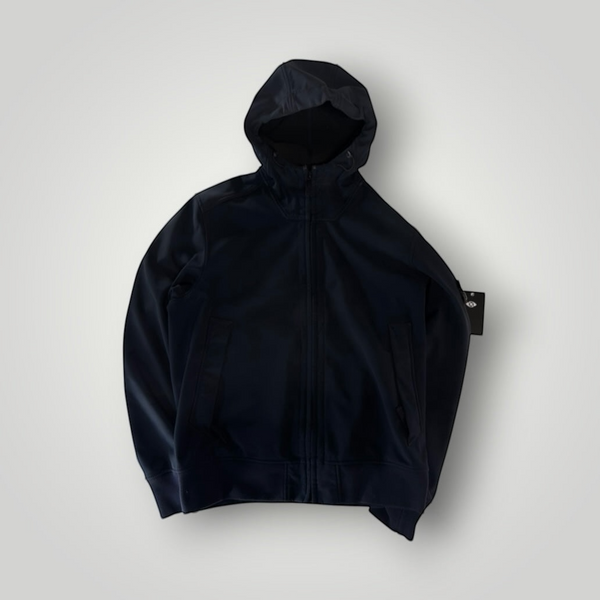 Secondstore Stone Island black soft shell hooded jacket with zip front and iconic compass sleeve patch