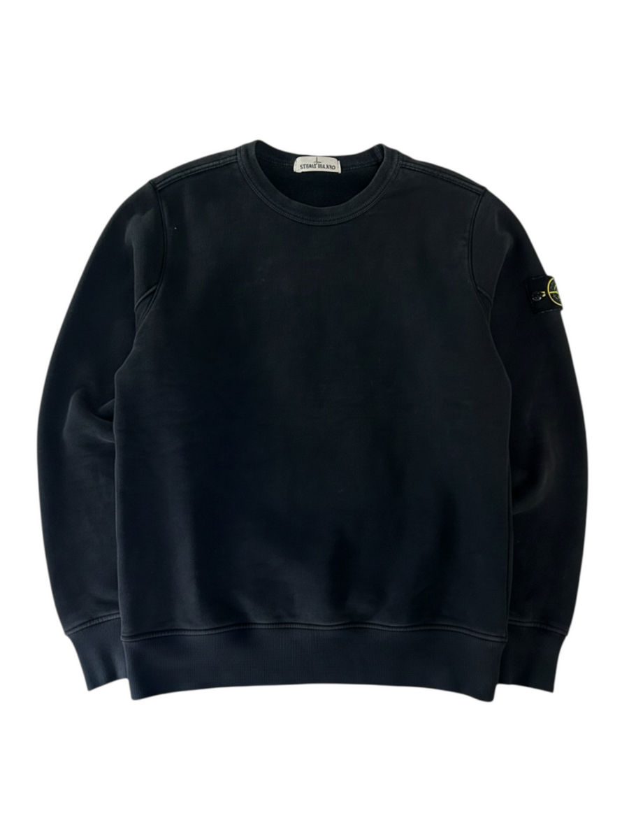Secondstore black Stone Island crewneck sweatshirt featuring the brand logo label on the inner collar