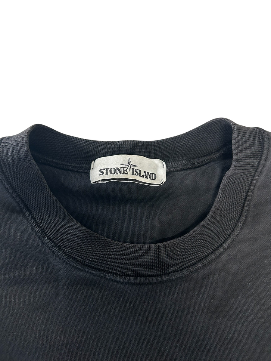 Secondstore black Stone Island crewneck sweatshirt featuring a ribbed neckline and branded interior label