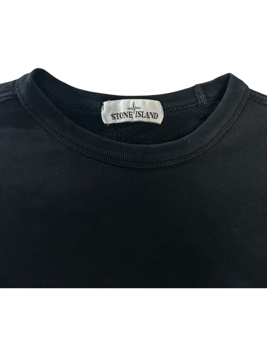 Secondstore black Stone Island crewneck sweatshirt featuring the iconic brand label on the inner collar