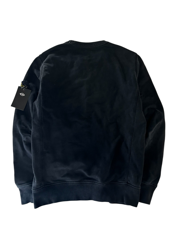 Back view of a black Secondstore Stone Island crewneck sweatshirt in premium cotton with ribbed cuffs and hem.