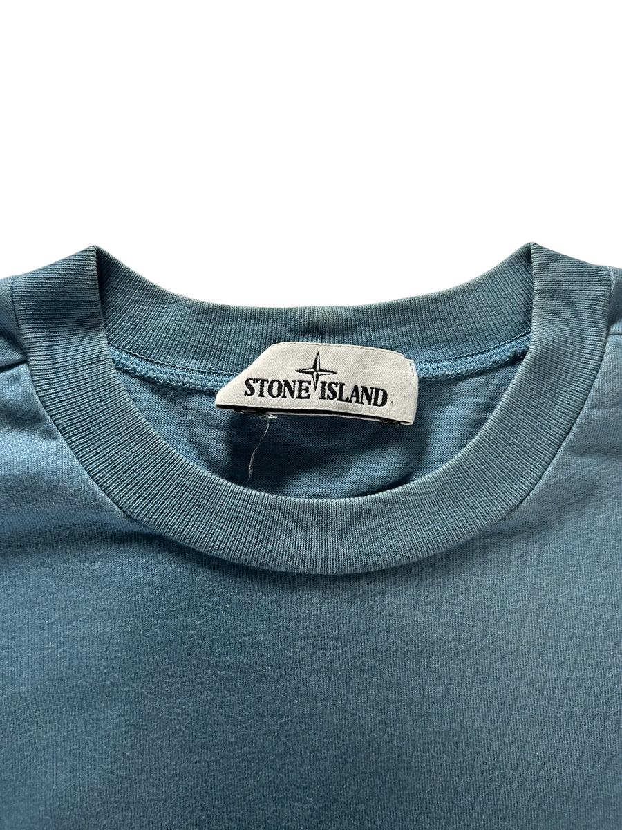 Secondstore Stone Island crewneck sweatshirt in muted blue cotton with ribbed collar and branded inner neck label