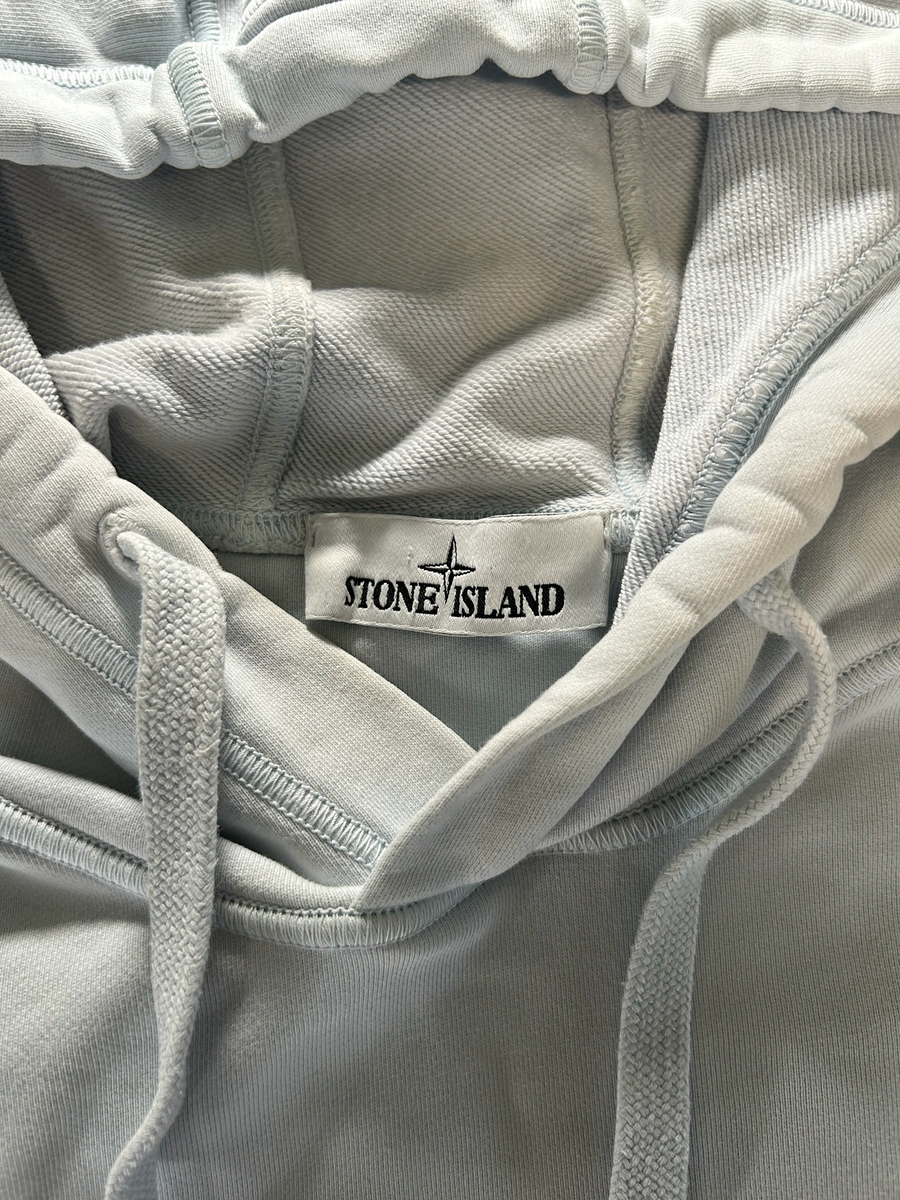 Secondstore Stone Island light blue cotton hooded sweatshirt with adjustable drawstring hood and brand neck label