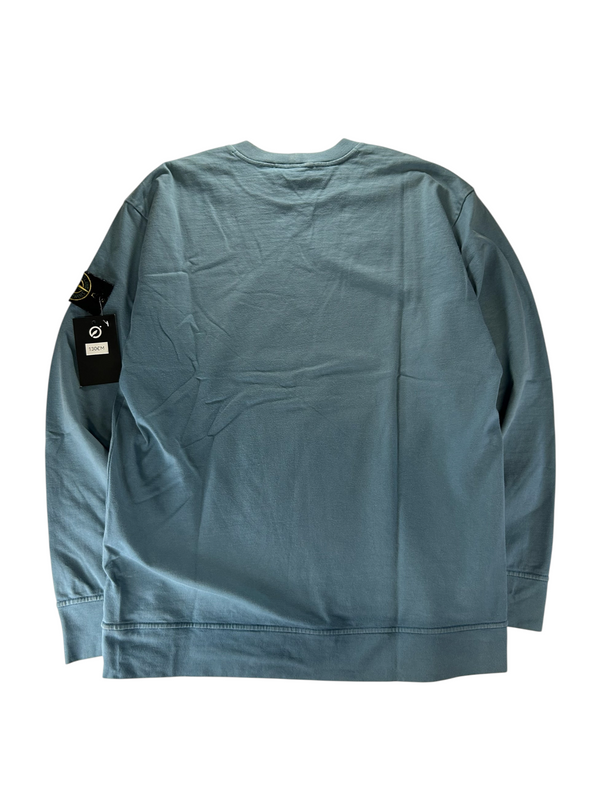 Secondstore Stone Island crewneck sweatshirt in muted blue cotton with sleeve compass badge, back view