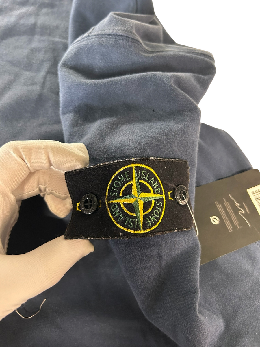 Secondstore Stone Island blue cotton crewneck sweatshirt featuring the iconic detachable compass sleeve patch