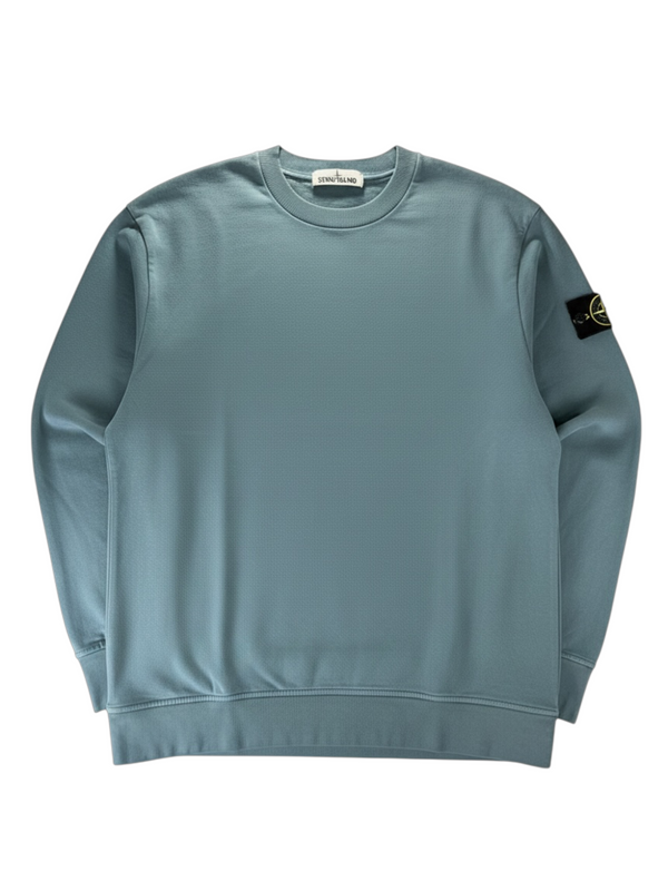 Secondstore Stone Island muted blue cotton crewneck sweatshirt with iconic compass sleeve badge