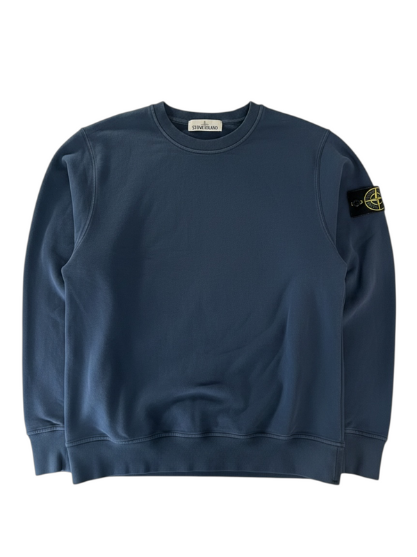 Secondstore Stone Island blue cotton crewneck sweatshirt with iconic detachable compass patch on the sleeve