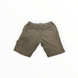 Secondstore Stone Island olive-taupe cotton jersey cargo shorts, back view with buttoned pocket and elastic waistband.