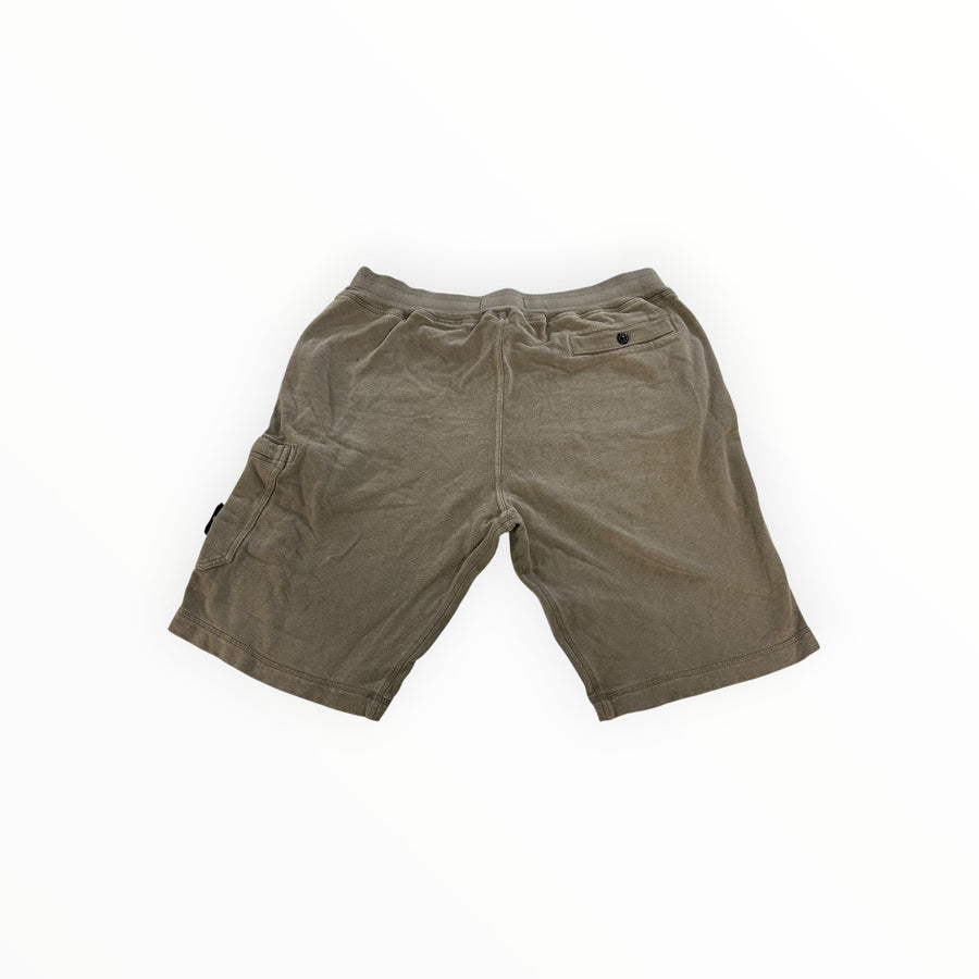 Secondstore Stone Island olive-taupe cotton jersey cargo shorts, back view with buttoned pocket and elastic waistband.