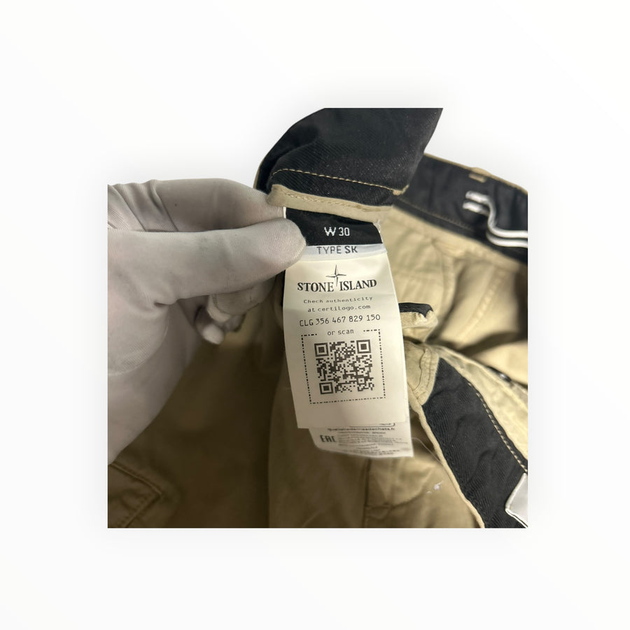 Secondstore STONE ISLAND beige cargo trousers interior label with authenticity QR code and size W30 tag