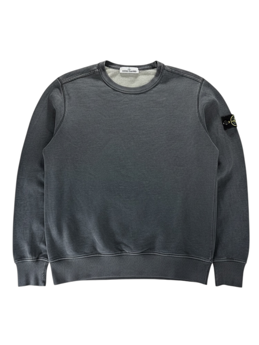 Secondstore Stone Island charcoal grey cotton crewneck sweatshirt with iconic compass sleeve patch