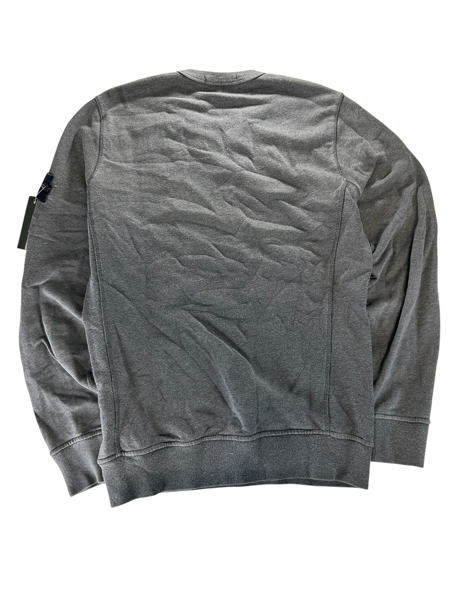 Secondstore charcoal grey Stone Island crewneck sweatshirt with signature compass patch on the sleeve.
