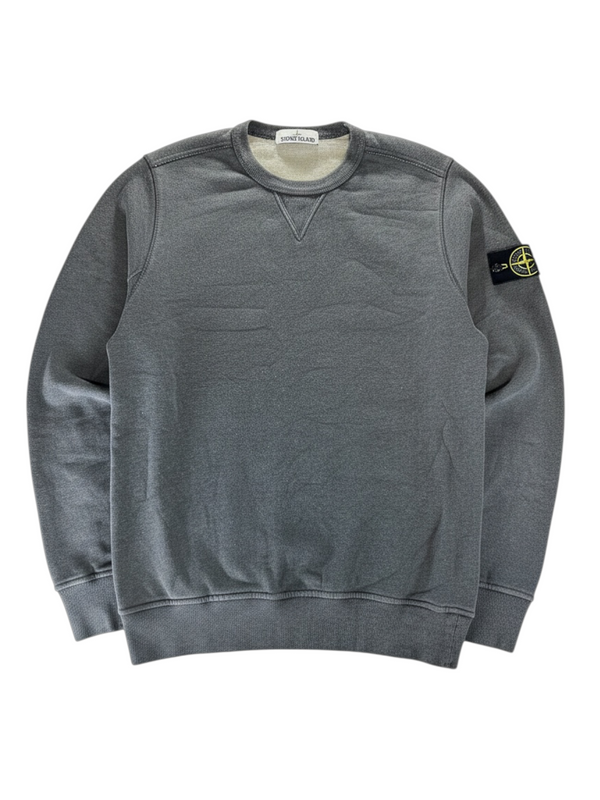 Secondstore Stone Island charcoal grey cotton crewneck sweatshirt with iconic compass sleeve patch and V-insert detail.