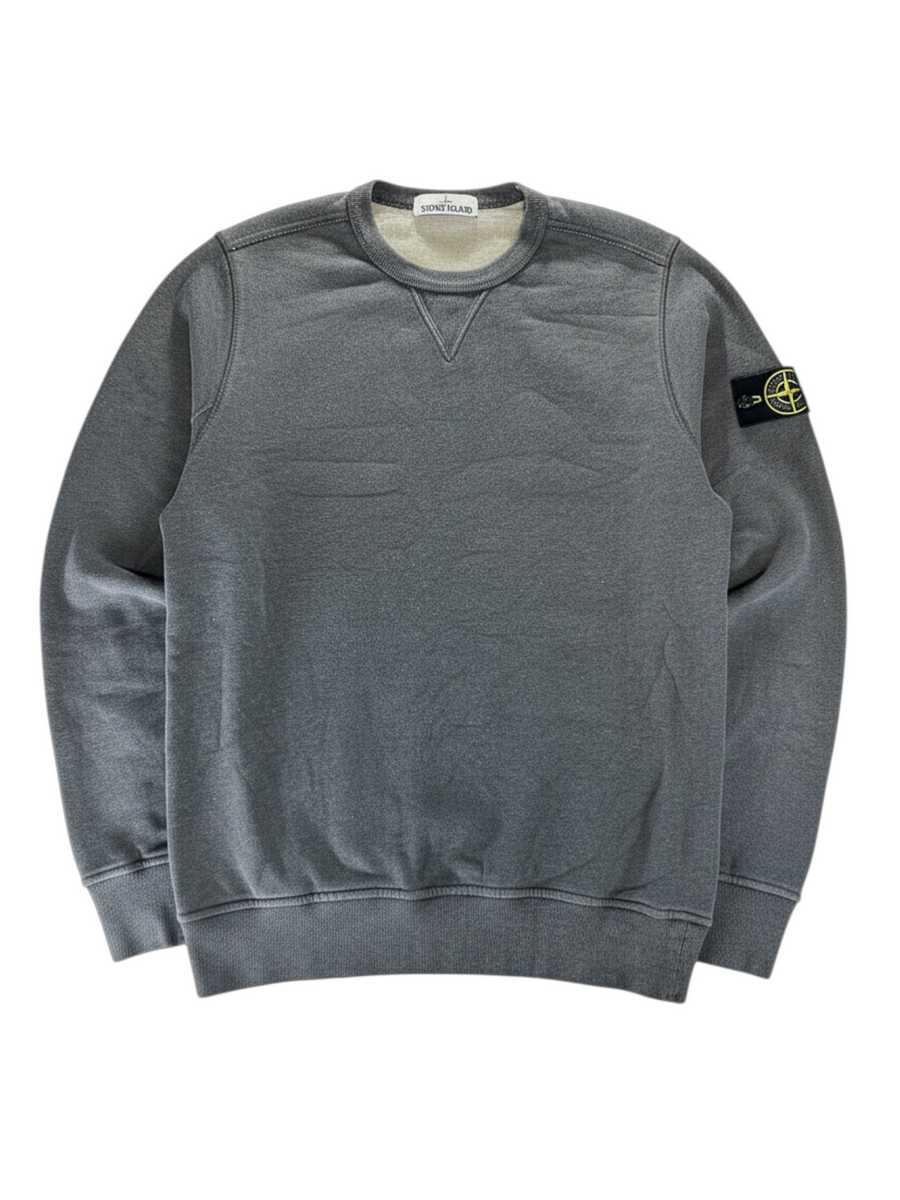 Secondstore Stone Island charcoal grey cotton crewneck sweatshirt with iconic compass sleeve patch and V-insert detail.