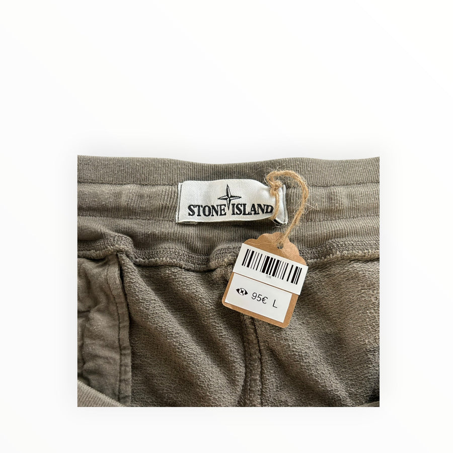 Secondstore Stone Island olive-taupe cotton jersey shorts with internal brand label and price tag