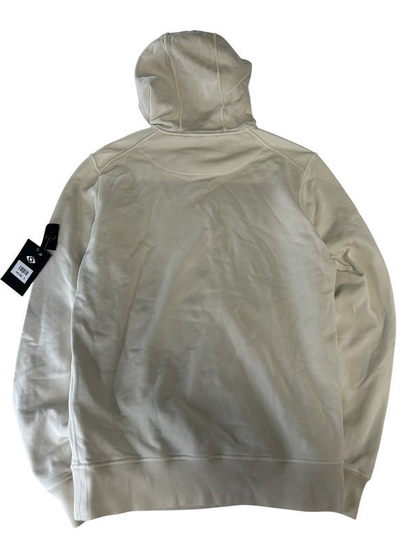 Back view of a cream Secondstore Stone Island cotton hooded sweatshirt with a brand tag on the sleeve