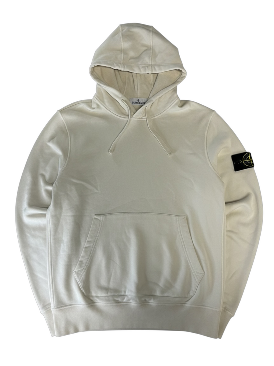 Secondstore Stone Island cream cotton hooded sweatshirt with kangaroo pocket and signature compass badge on sleeve