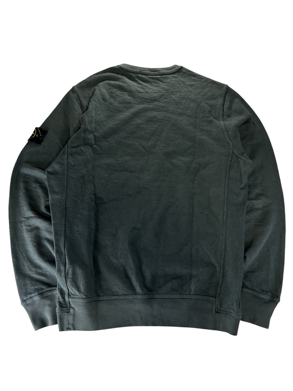 Secondstore Stone Island grey-green cotton crewneck sweatshirt with iconic sleeve compass patch, back view.