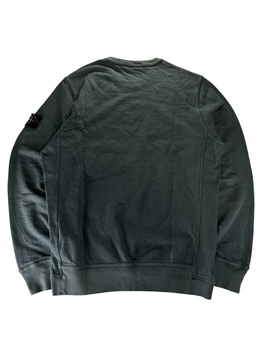 Secondstore Stone Island grey-green cotton crewneck sweatshirt with iconic sleeve compass patch, back view.