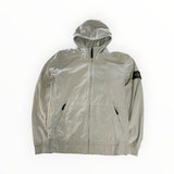 Secondstore Stone Island light grey hooded soft shell jacket with zip closure and iconic sleeve badge