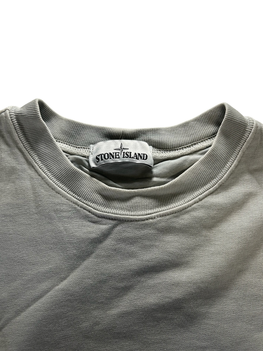 Secondstore Stone Island crewneck sweatshirt in light grey cotton with ribbed collar and brand label detail