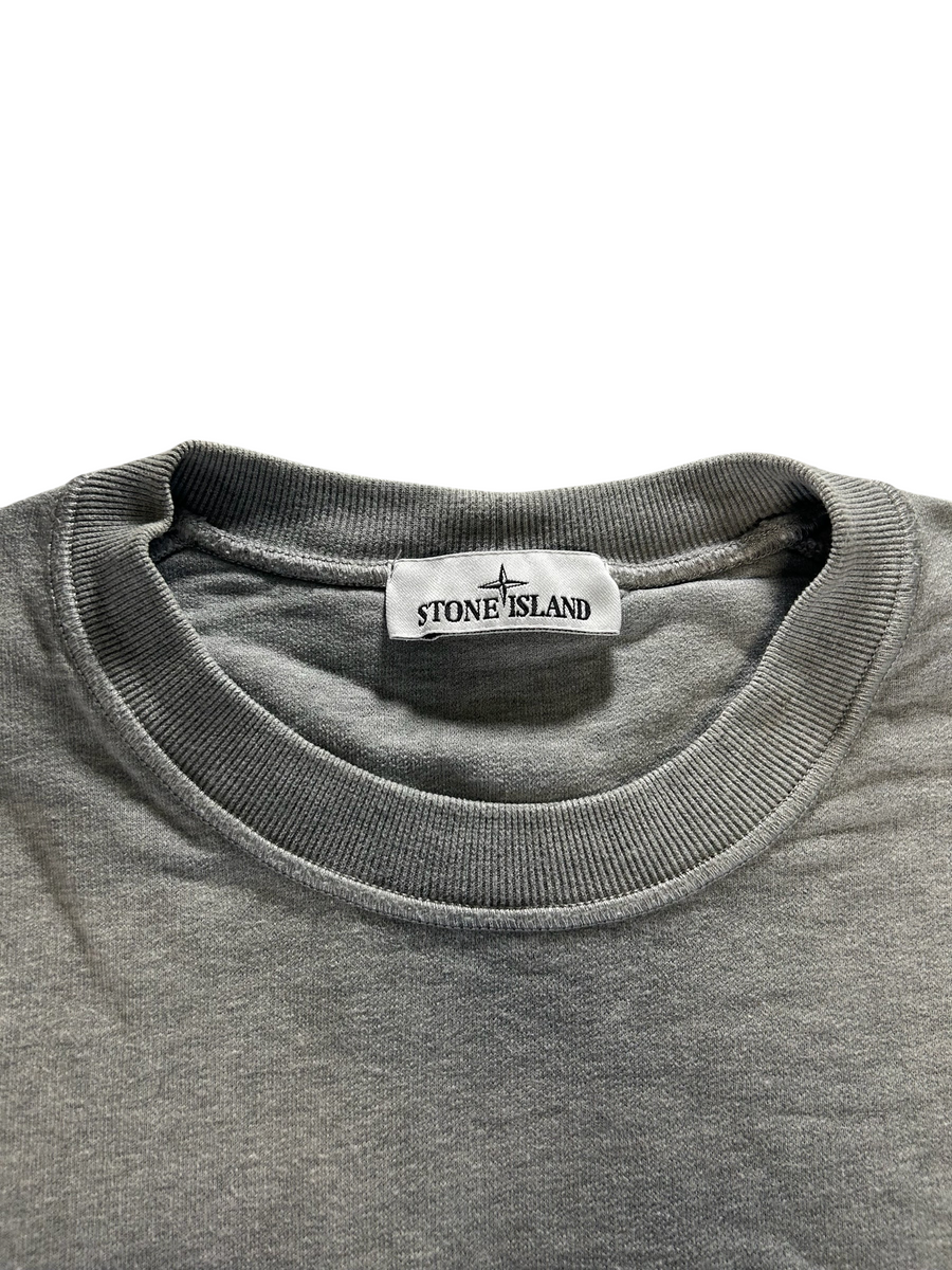 Secondstore grey Stone Island crewneck sweatshirt featuring a ribbed collar and internal brand label