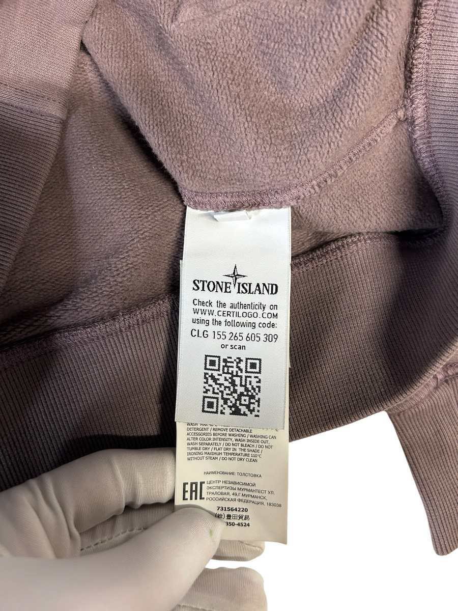 Secondstore Stone Island mauve-grey cotton hoodie interior label with authenticity QR code and care instructions