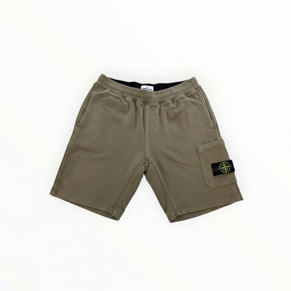 Secondstore Stone Island khaki-grey cotton jersey cargo shorts with elastic waistband and compass badge pocket