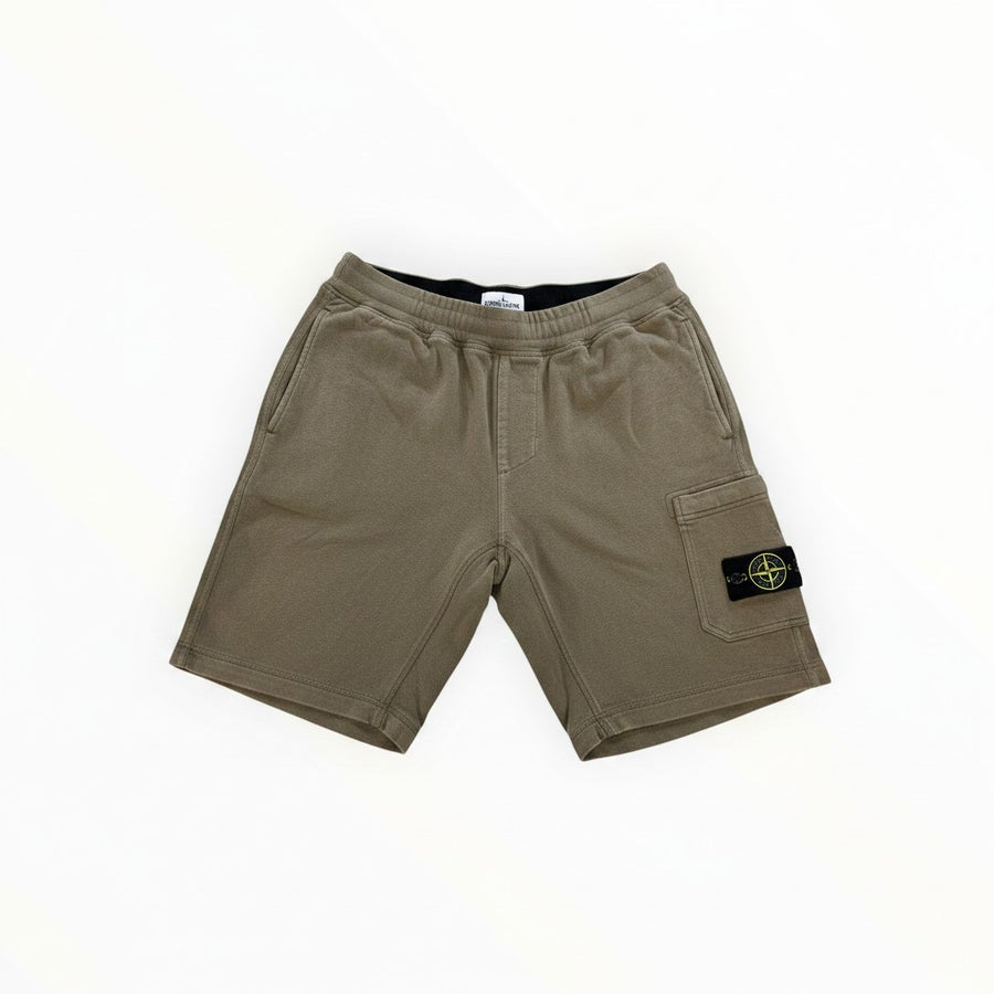 Secondstore Stone Island khaki-grey cotton jersey cargo shorts with elastic waistband and compass badge pocket