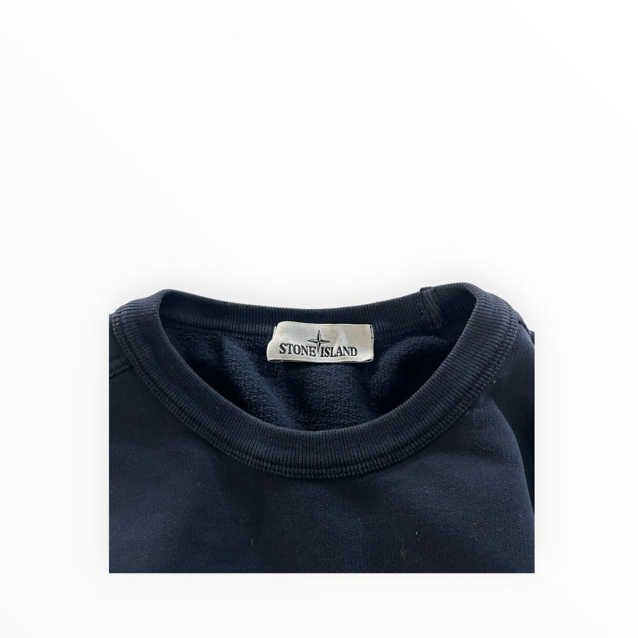Secondstore navy blue Stone Island crewneck sweatshirt featuring a ribbed collar and internal brand label