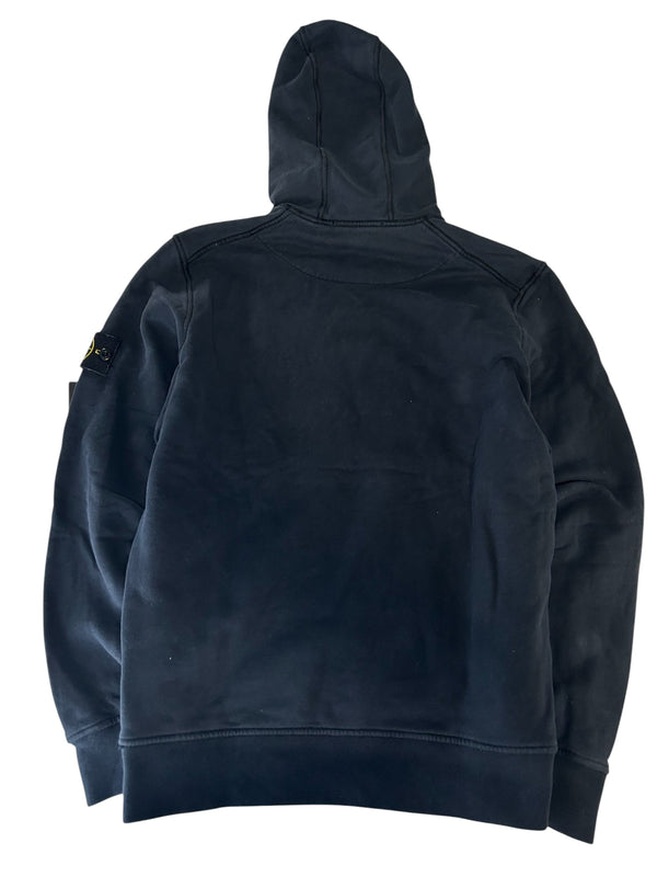 Secondstore navy Stone Island cotton fleece hoodie with iconic compass patch on the sleeve, back view.