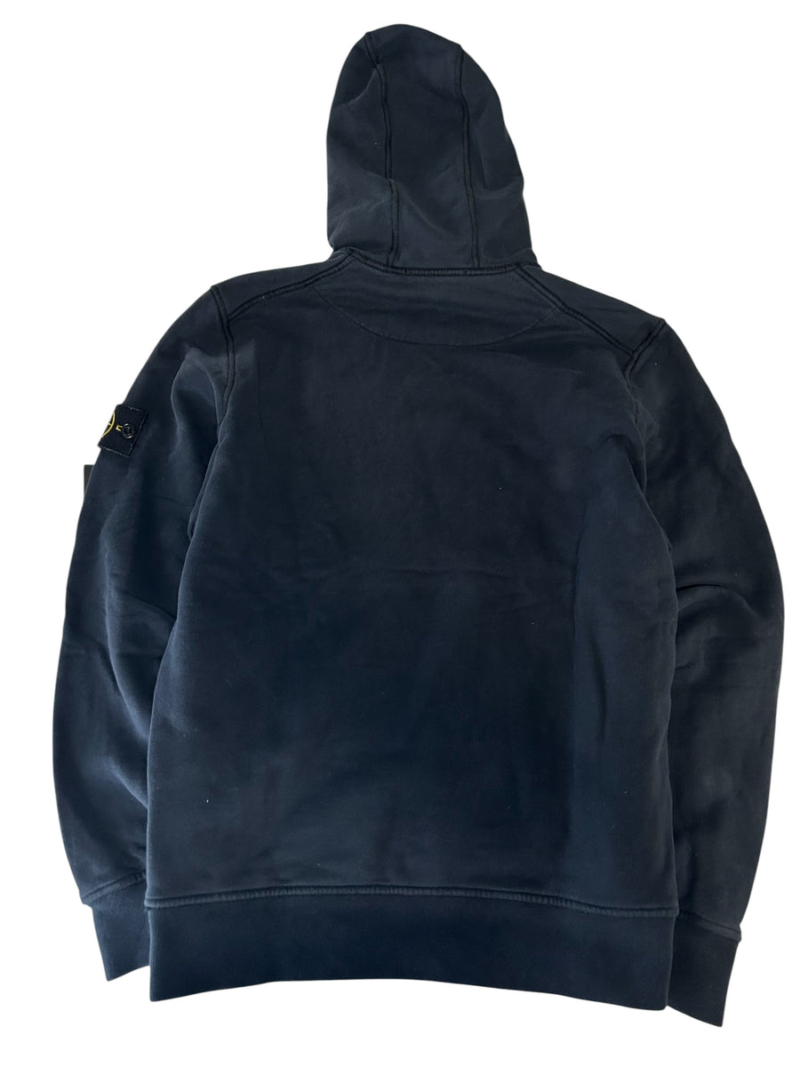 Secondstore navy Stone Island cotton fleece hoodie with iconic compass patch on the sleeve, back view.