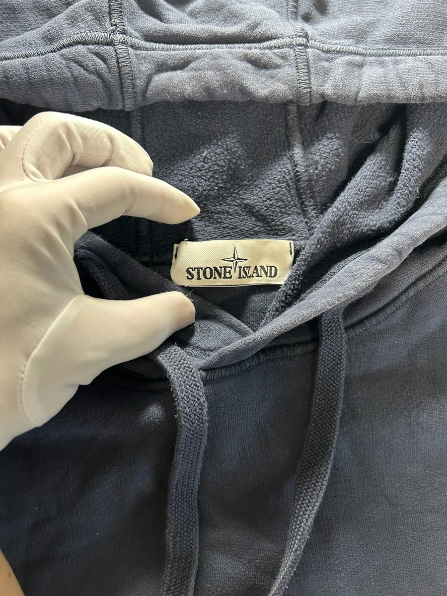 Secondstore navy blue Stone Island cotton hooded sweatshirt with interior brand label and drawstring hood