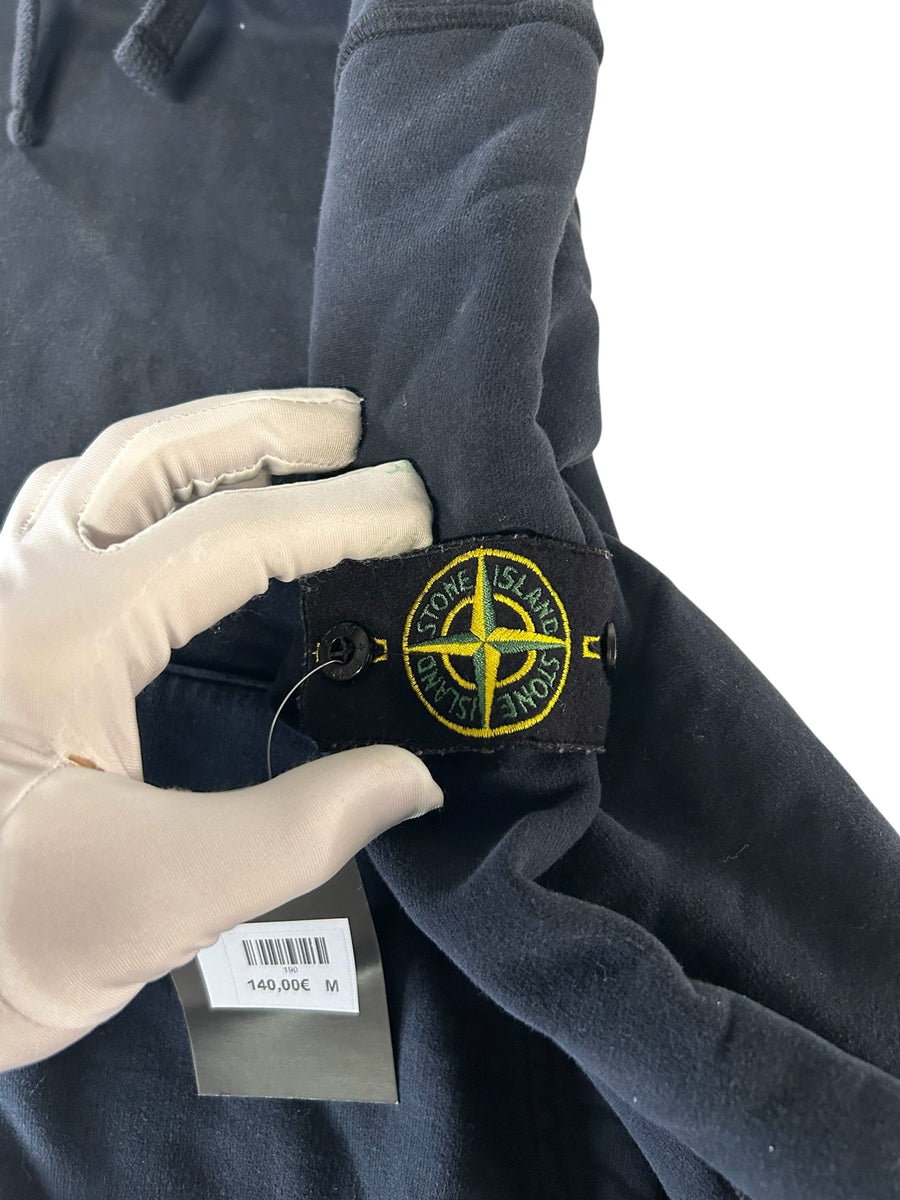 Secondstore navy cotton Stone Island hoodie featuring the iconic embroidered compass patch on the sleeve