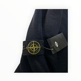 Secondstore navy ribbed knit Stone Island crewneck sweater featuring the iconic detachable compass sleeve badge