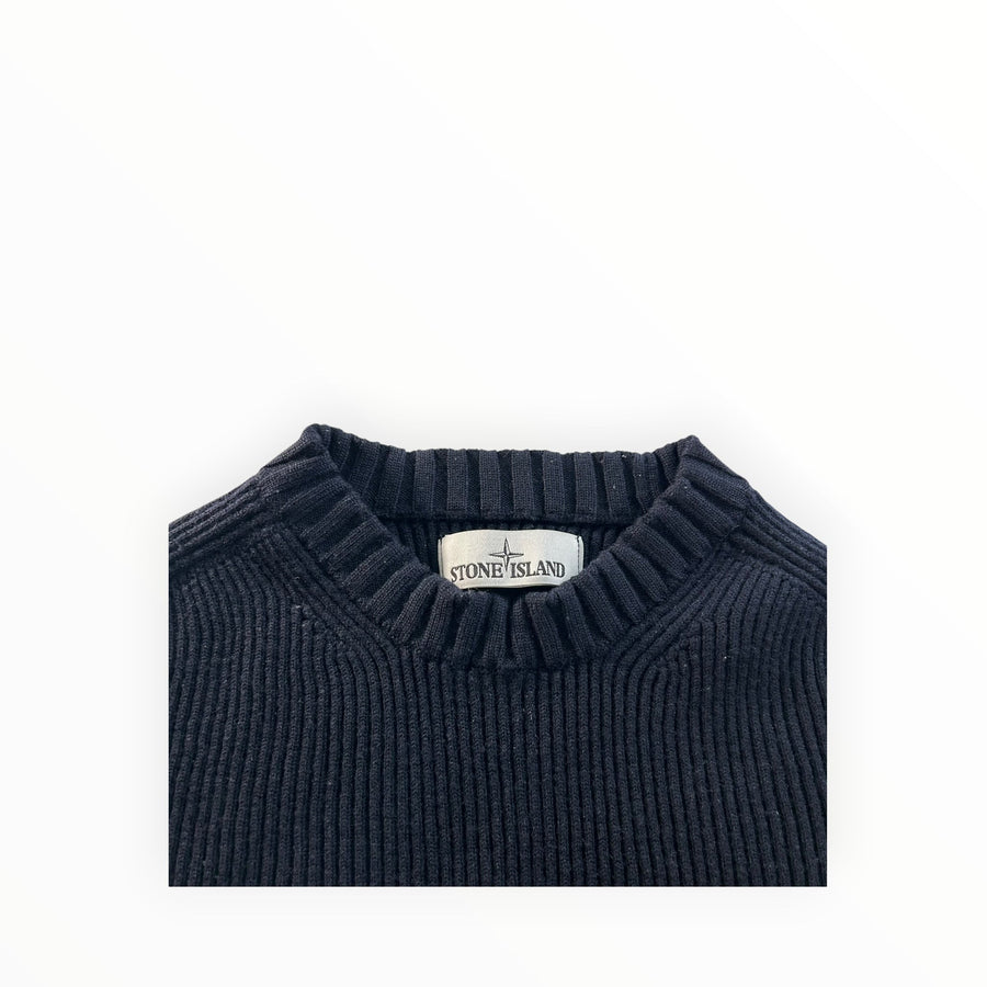 Secondstore navy blue Stone Island ribbed knit crewneck sweater with branded inner collar label