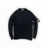 Secondstore navy blue Stone Island ribbed knit crewneck sweater with iconic detachable compass patch on the sleeve.