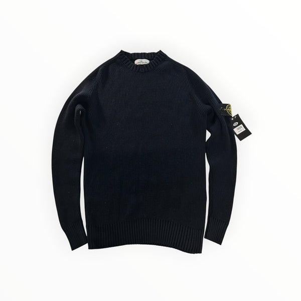 Secondstore navy blue Stone Island ribbed knit crewneck sweater with iconic detachable compass patch on the sleeve.