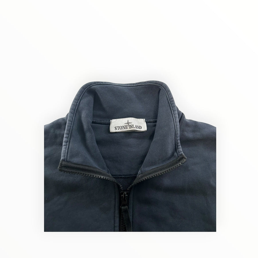 Secondstore Stone Island navy blue cotton full zip sweatshirt with high collar and brand label detail