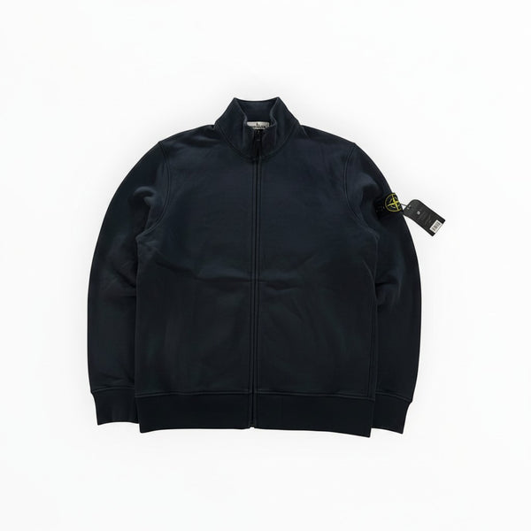 Secondstore navy blue Stone Island full zip sweatshirt with high collar and signature compass badge on the sleeve.
