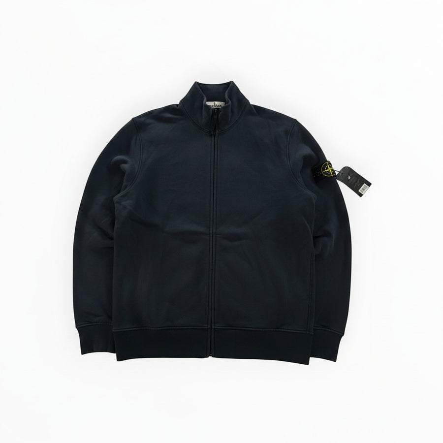 Secondstore navy blue Stone Island full zip sweatshirt with high collar and signature compass badge on the sleeve.