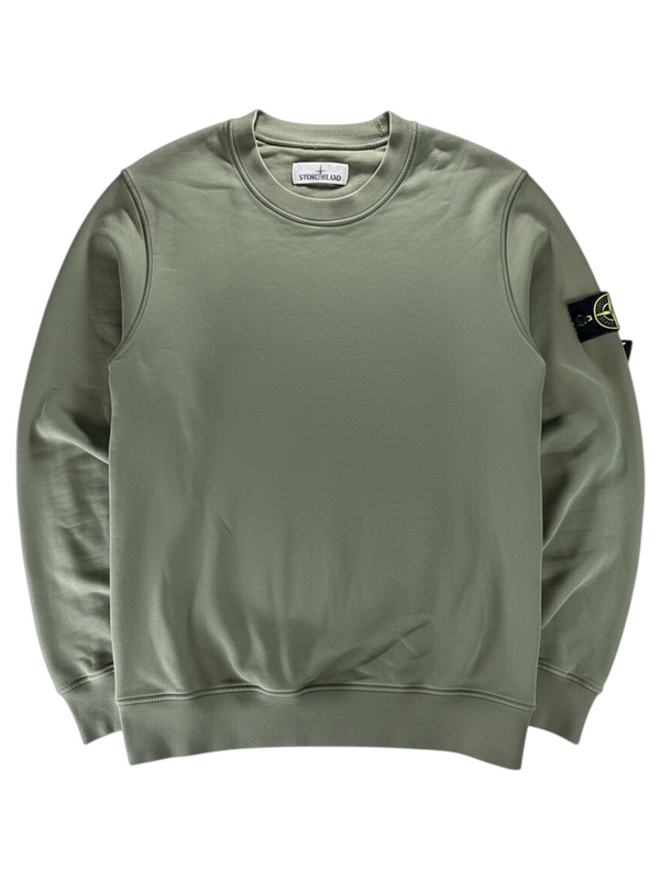 Secondstore STONE ISLAND olive green cotton crewneck sweatshirt with iconic removable compass badge on the sleeve.