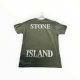 Secondstore olive green Stone Island cotton t-shirt with large white graphic branding on the back