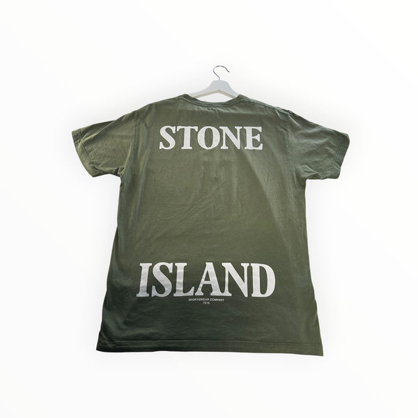 Secondstore olive green Stone Island cotton t-shirt with large white graphic branding on the back